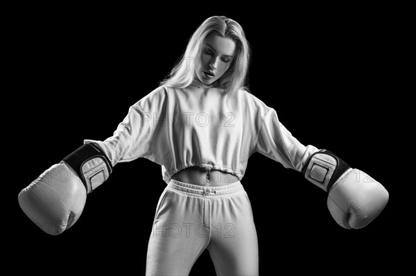 Charming girl in a white sweatshirt posing with huge white gloves. The concept of sports