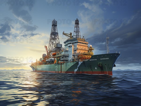 Sunset casting a golden glow on an offshore drilling ship with a cloudy backdrop