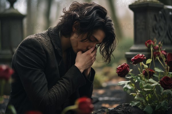 Man sitting sadly at gravestone