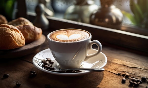 Morning coffee with heart-shaped latte art on a sunlit wooden table with coffee beans AI generated