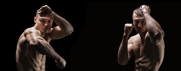 Professional boxer posing in the studio. Split two portraits. The concept of sport