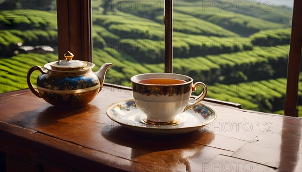 Ceramic cup of tea and a pot on wooden table and tea estate look from the window. AI Generated