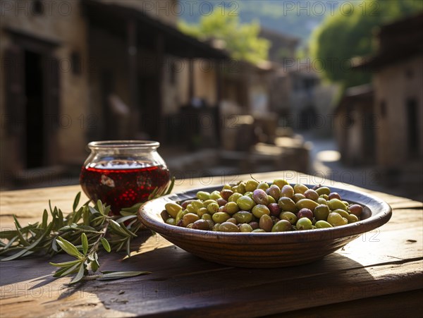 Ein Glas Honig umgeben von frischen Oliven auf einem Holztisch