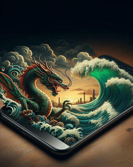 Surreal artwork of a chinese dragon emerging from waves in tsunami over Shanghai skyline