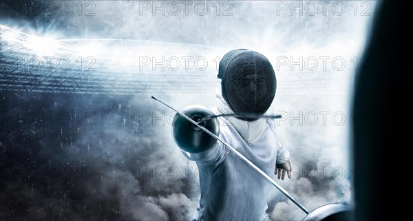 Portrait of two fencers against the backdrop of a sports arena. The concept of fencing. Duel.