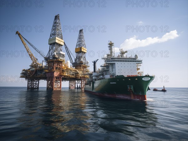 Daytime view of an offshore drilling ship with operational cranes on a sunny day