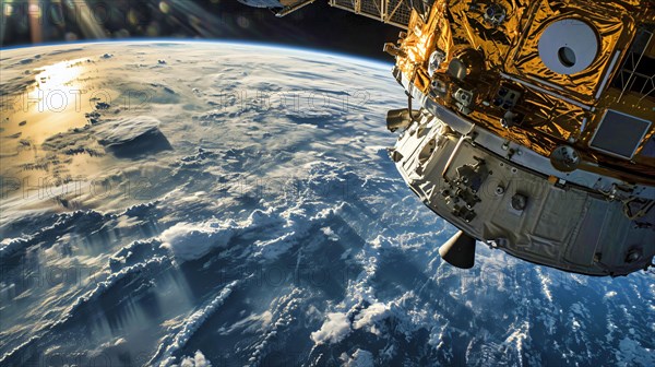 A space station flies over the partially cloud-covered earth as the sun rises