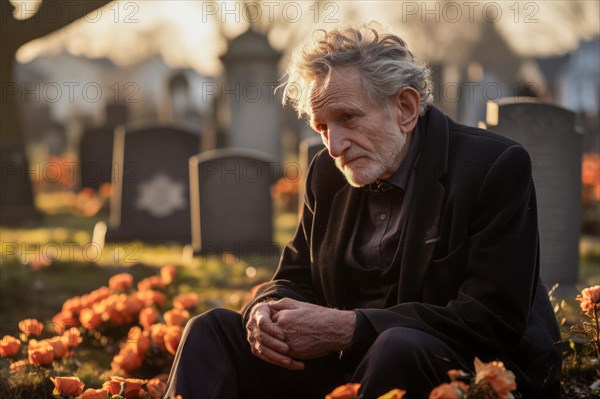 Man sitting sadly at gravestone