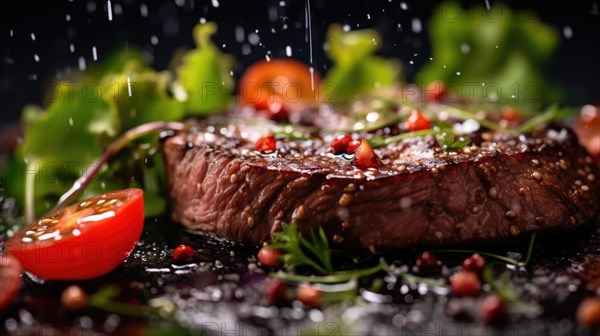 Grilled beef steak with fresh salad and cherry tomatoes on black background AI generated