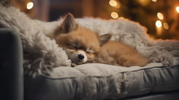 Cute little fox sleeping on sofa in room with Christmas tree and lights AI generated