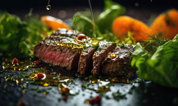 Grilled beef steak with spices and vegetables on a black background AI generated