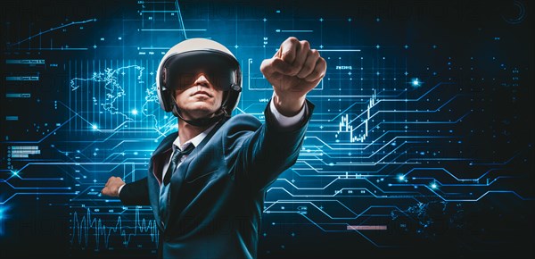 Portrait of a man in a suit and helmet. He shows that he is flying against the background of a futuristic hologram. Business concept. Internet technologies.