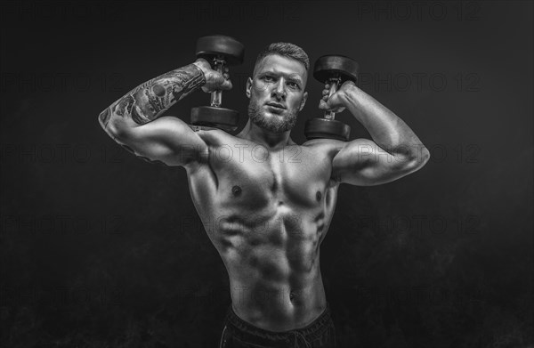 Young muscular guy posing with dumbbells in the studio. Shoulder pumping. Fitness and bodybuilding concept.