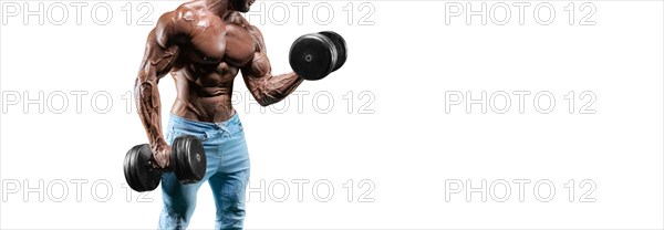 No name sexy muscular man in jeans posing on white background with dumbbell. Bodybuilding and fitness concept.