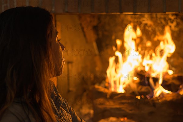 Latin woman in front of the fireplace