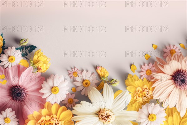 A spring background with pastel-coloured flowers is a natural work of art that shows the beauty and joy of the season. The soft colour palette