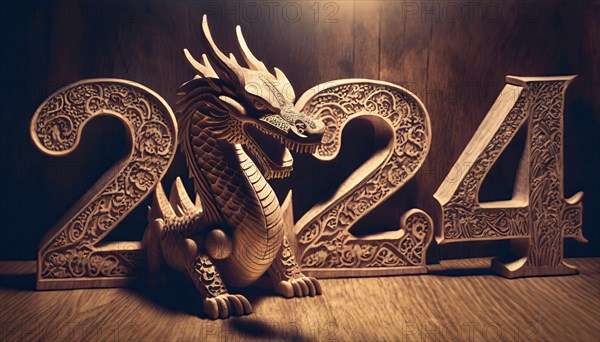Happy new year 2024 with wood carved numbers and chinese wooden dragon symbol. Conceptual festive background. AI generated art