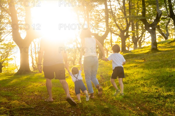 Happy family in a forest in summer autumn. Hand dice in nature under the rays of sunset
