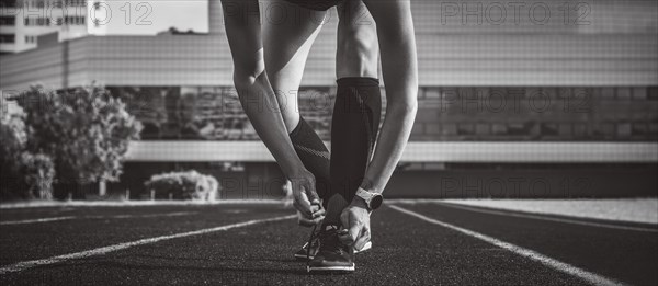 Image of lacing athletic shoes on a stadium track. Running concept.