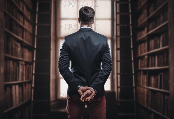Portrait of an elegant man in a suit in the library. Back view. Business concept.