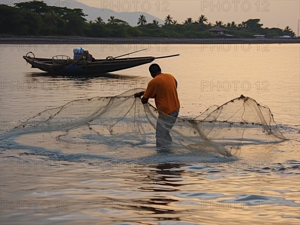 Fisherman on a river casting a net from his boat at dusk