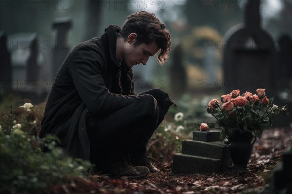 Man sitting sadly at gravestone