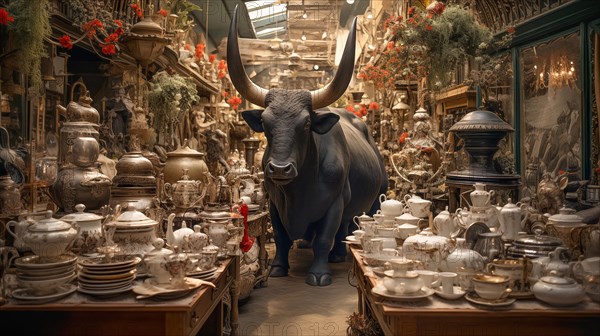Very large bull with horns in a China shop filled with glassware. generative AI