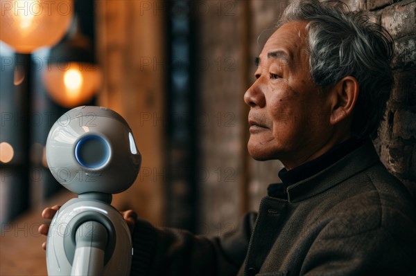 Old man having fun with a white artificial intelligence controlled care robot