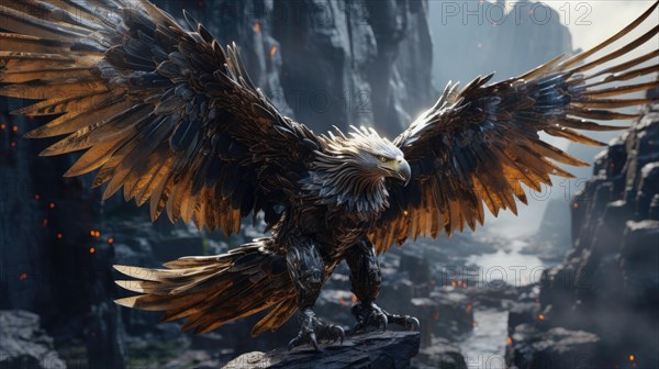 Black crow with golden wings on a dark background AI generated