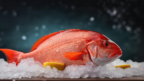 Fresh red sea bass fish with ice and lemon on dark background AI generated