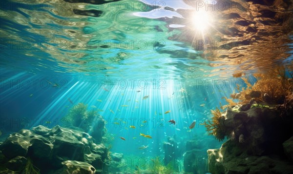 Underwater view of coral reef with sun rays shining through water surface AI generated