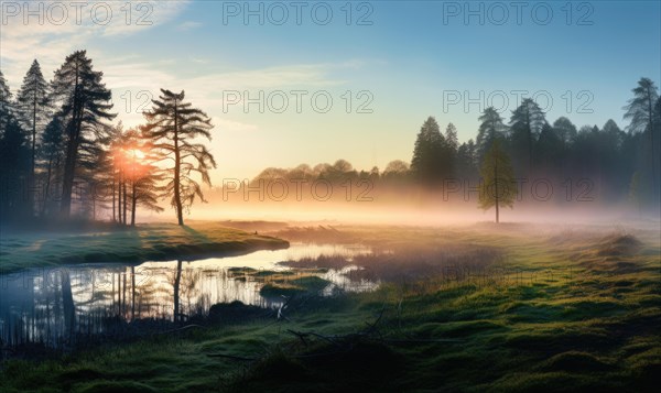 Sunset casting serene reflections on misty water among trees AI generated