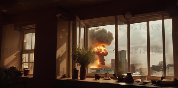 Nuclear explosion in the city view from the window