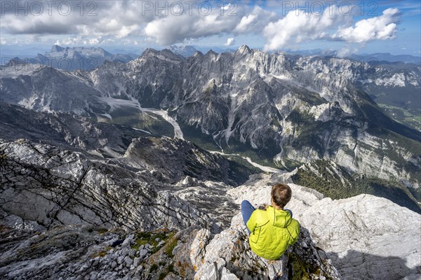 View of Wimbachgries valley and mountain panorama with rocky mountain peak of Hochkalter