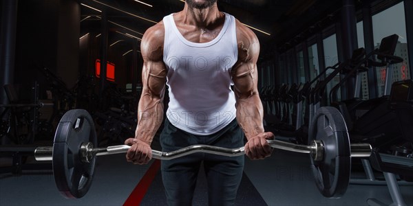 Handsome young man working out with a barbell in the gym. Biceps pumping. Fitness and bodybuilding concept.