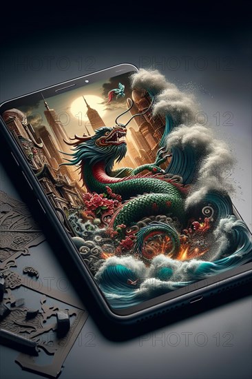 Surreal artwork of a chinese dragon emerging from waves in tsunami over Shanghai skyline