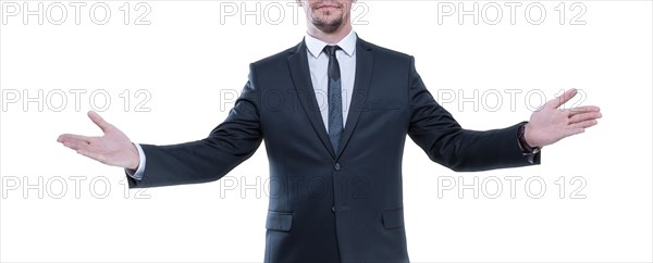 Image of a stylish man in a suit with open arms. Business concept.