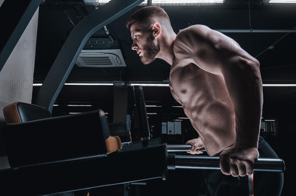 Portrait of an athlete doing push-ups on the uneven bars in the gym. Bodybuilding and fitness concept.