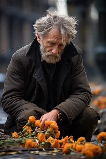 Man sitting sadly at gravestone