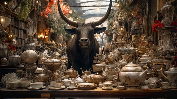 Very large bull with horns in a China shop filled with glassware. generative AI