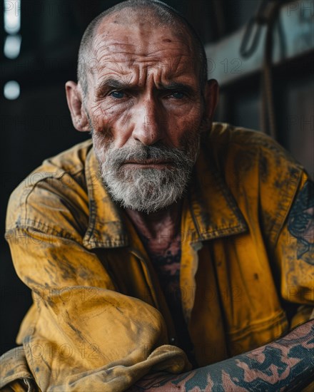 Old man marked by hard labour with tattoos and deep wrinkles on his face