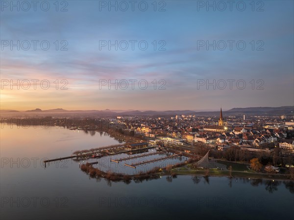 Aerial view of the town of Radolfzell on Lake Constance illuminated by the evening sun