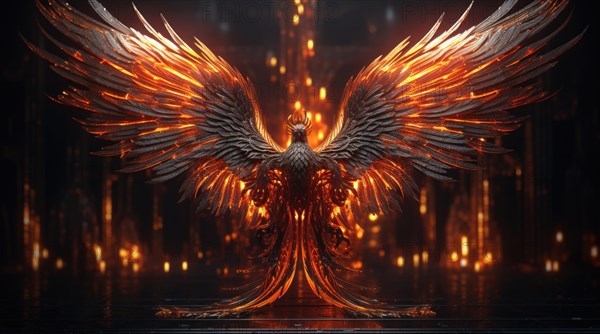 Fantasy bird figure. Burning phoenix on dark background. Fantasy background concept. Flame wings AI generated