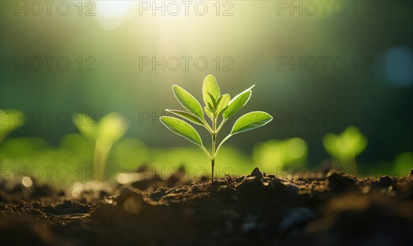 A vibrant green seedling growing from the soil