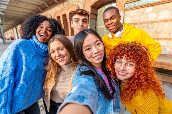 Personal perspective of a chinese girl and diverse friends taking a selfie outdoors