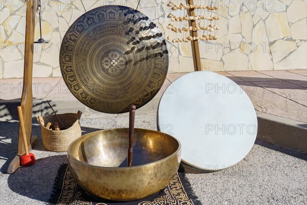 Different percussion instruments for sound baths or sonotherapy in a street market