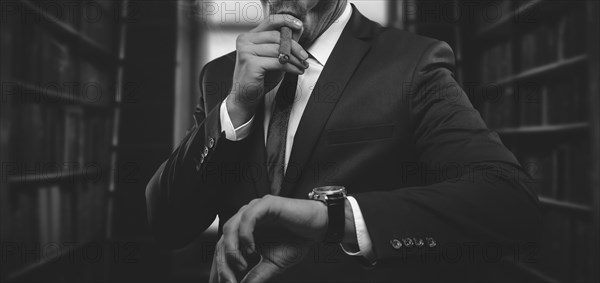 Portrait of a stylish man in a suit with a cigar. Business concept.