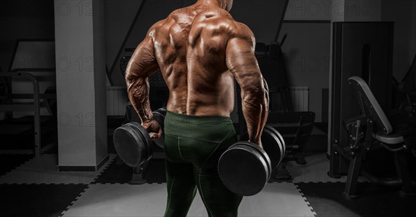 Powerful bodybuilder posing in the gym with dumbbells. No name portrait. Back view. Bodybuilding concept.