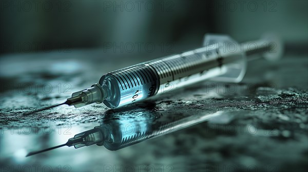Disposable medical plastic syringe with protective cap removed and filled with a serum