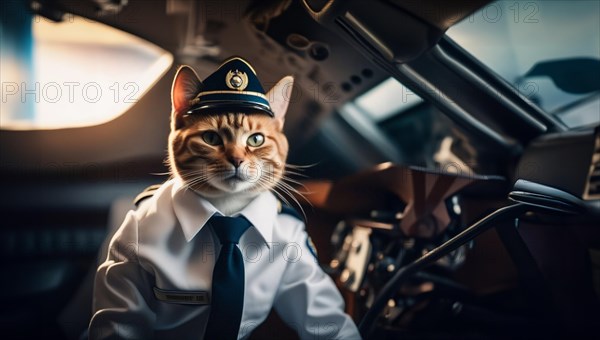 Cat pilot in an airplane pilot uniform on an airplane